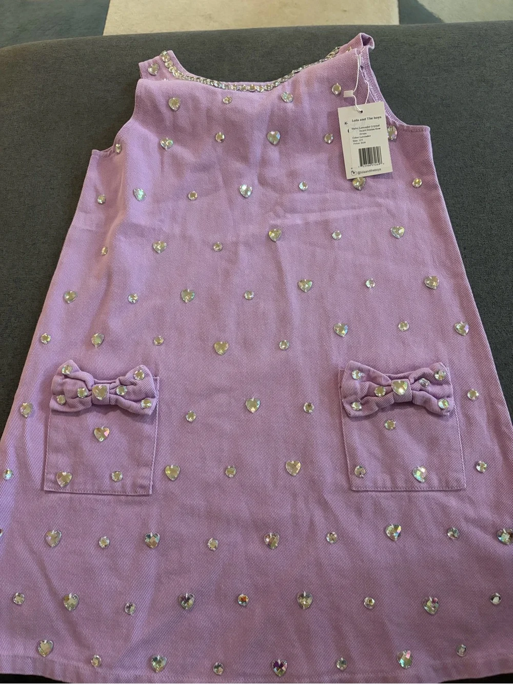 NWT Lola and the Boys Lavender Crystal Heart Denim Bow Dress